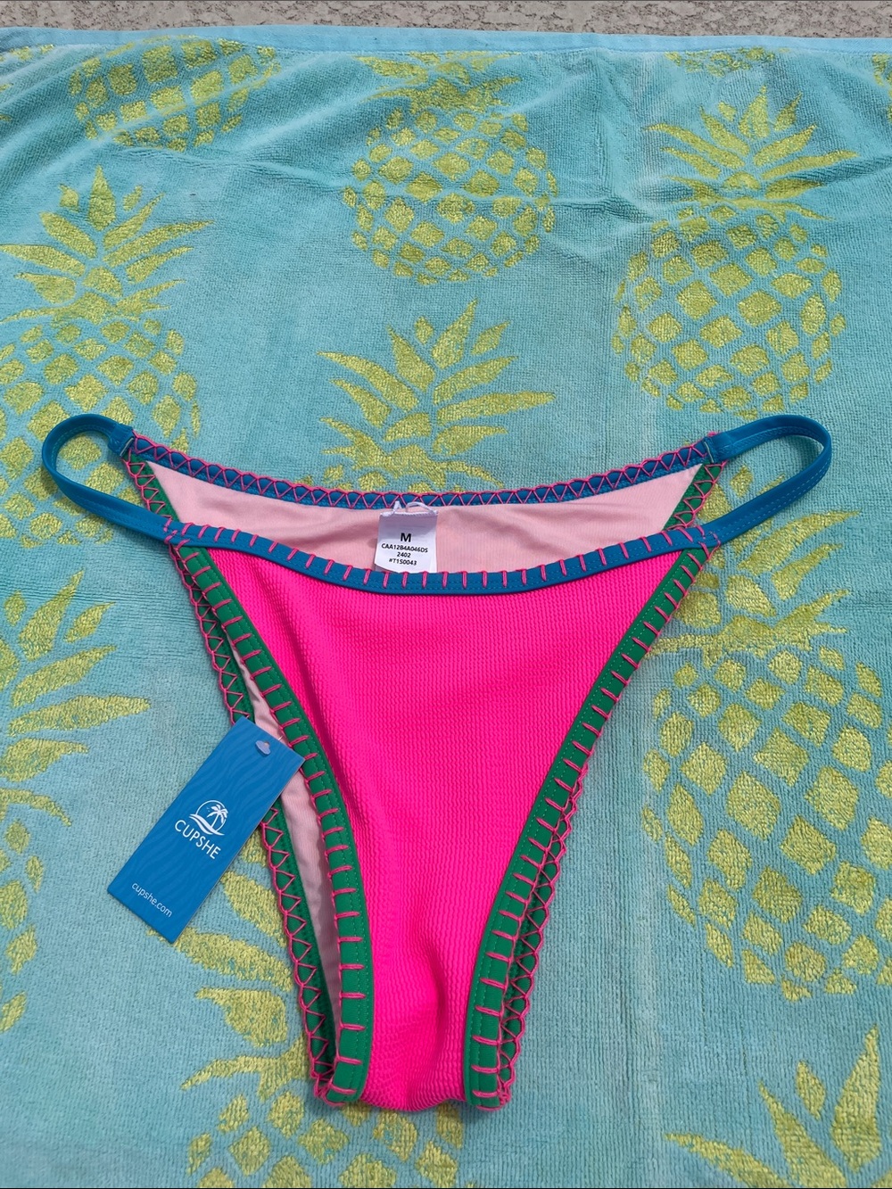 Cupshe Hot Pink Bikini Bottom Blue Green Stiching Trim Tropical Vacation SZ M
